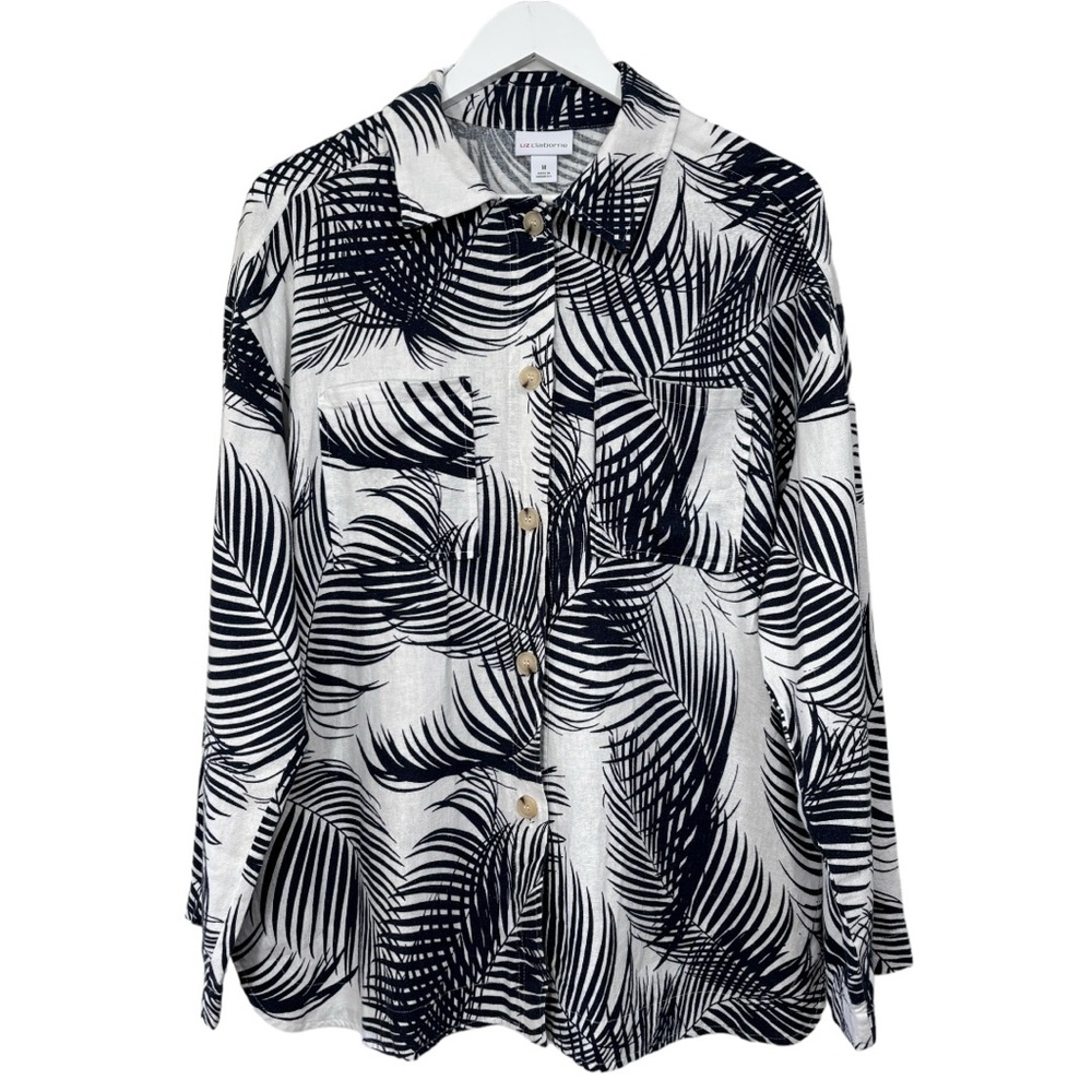Liz Claiborne linen Blend White Navy Blue Palms Button Down Shirt NWT Women's M